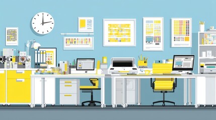 Interior view of a modern office space with yellow accents.
