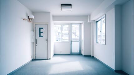 Empty room with a white door and windows.