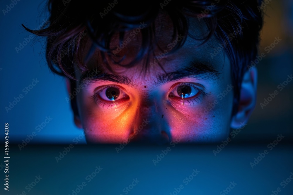 Poster close-up capture of a person's eyes mirroring the luminous glow of a computer screen in dim lighting