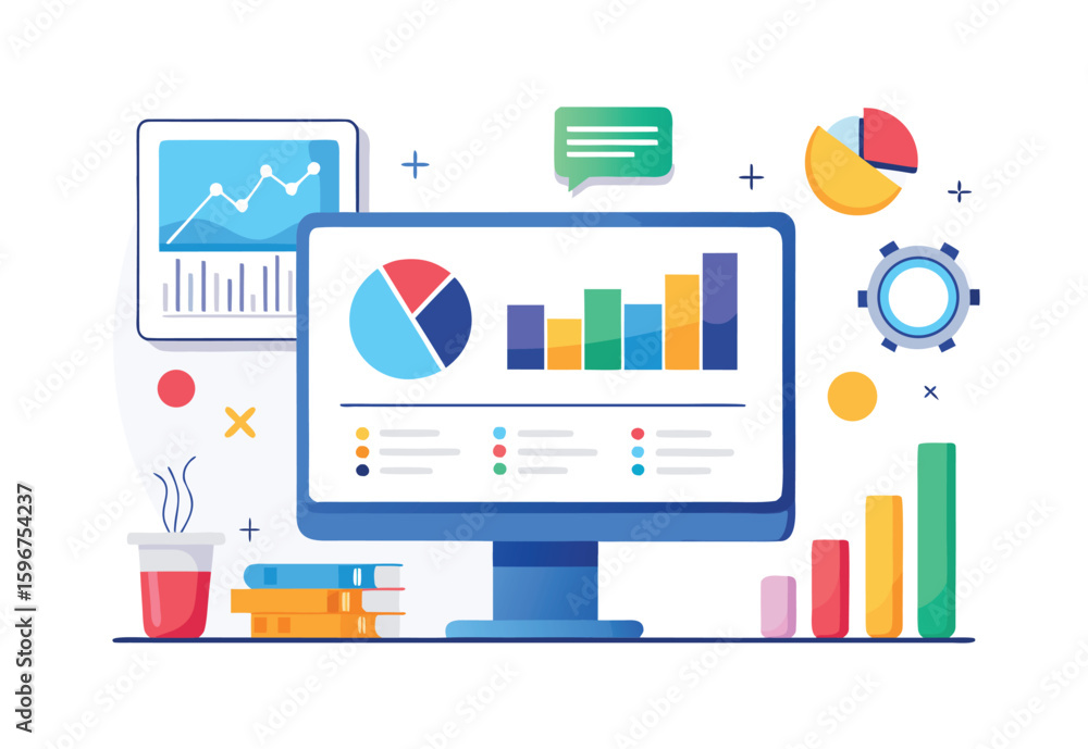 Poster business data analysis charts and graphs flat vector elements on computer screen illustration