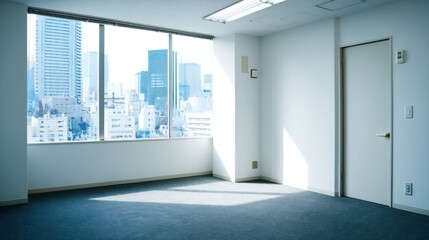 Empty office space with city view.
