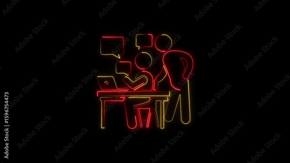 Poster neon collaboration icon depicting two individuals working together at a desk with laptops, communica