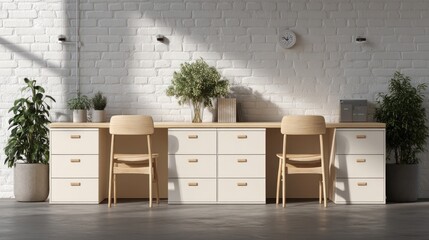 A modern workspace with a light and airy aesthetic.