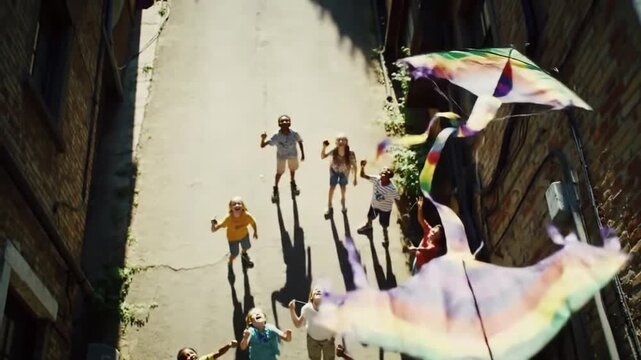 A rooftop or alleyway kite-flying scene