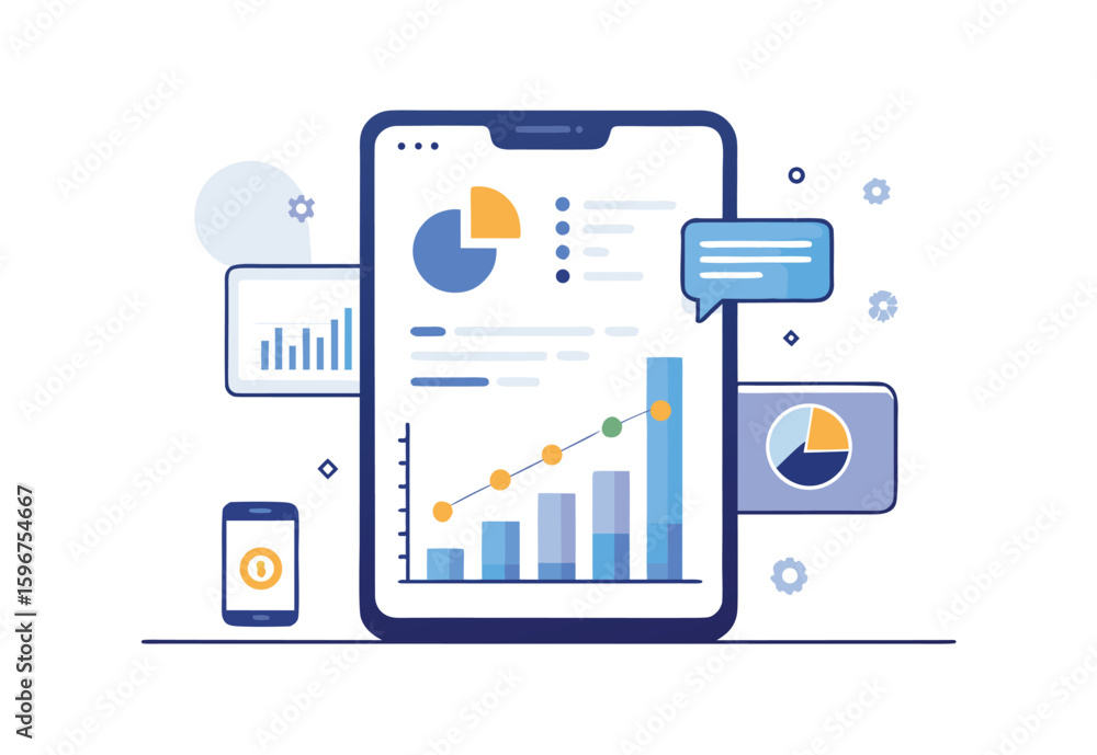 Poster vector illustration of digital business insights mobile analytics dashboard for data analysis