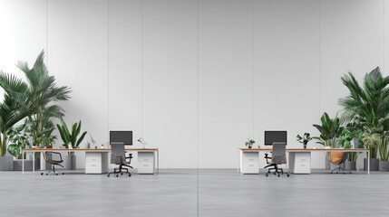 Modern office workspace with large plants.