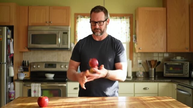 A smart man trying to juggle three apples in the kitchen and dropping one