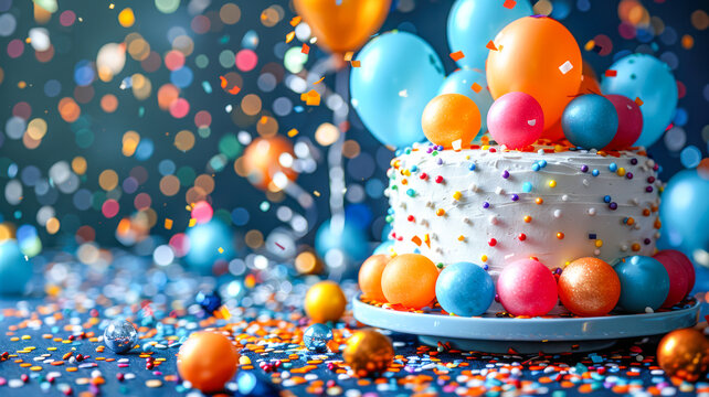 Colorful birthday cake surrounded by balloons and confetti creating a festive celebration atmosphere