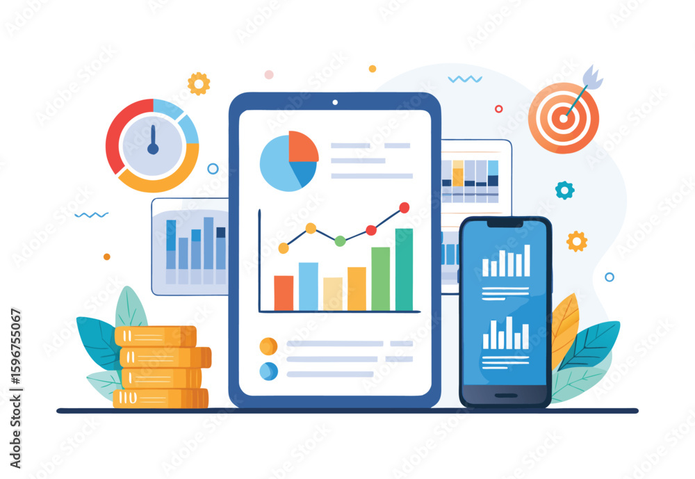 Poster mobile analytics dashboard digital business insights vector elements for marketing and strategy