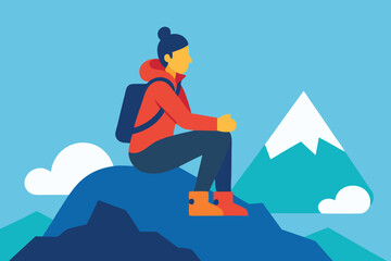 Fototapeta premium Female hiker with a backpack sitting on a mountain top, enjoying the scenic view of a snowy peak. Illustration of outdoor adventure and travel.