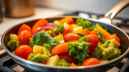 Fresh vegetables sizzling in a frying pan, vibrant colors under warm kitchen lighting.