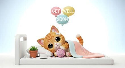 Get Well Soon - Cute 3D Chibi: Cute cartoon cat with bandage resting in bed with Get Well Soon balloons overhead for greeting Digital Illustration
