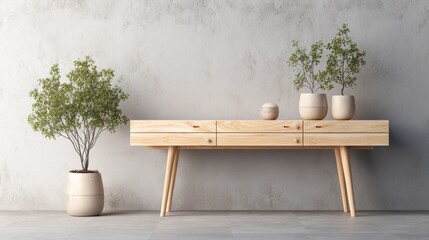 Light wooden console table with potted plants in a modern room.