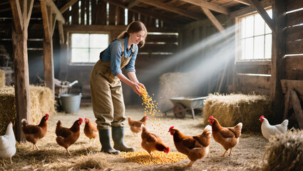 Young female farmer feeding chickens with grain in rustic barn with sunlight streaming through wooden window
