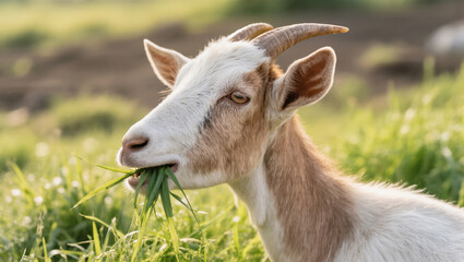 Obraz premium Close-up of goat chewing green grass in a sunny field during golden hour on a rural farm