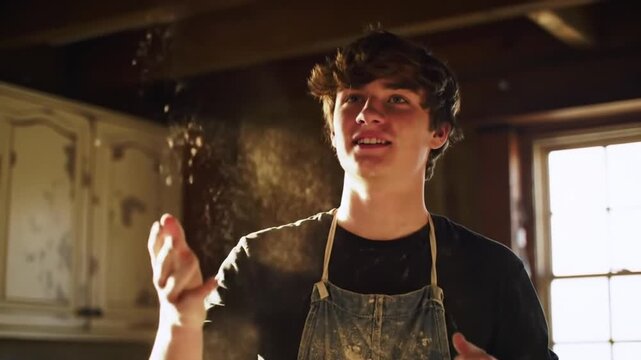 A teenage boy tossing pizza dough too high and catching it just in time