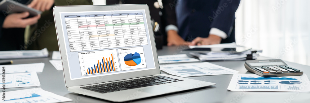 Poster panorama shot analyst team utilizing bi fintech to analyze financial report with laptop. businesspeo