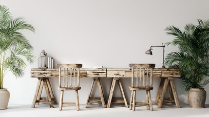 Rustic wooden desk and chairs in a minimalist room.