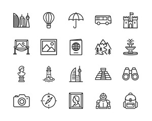 Sightseeing Trip Vector Icon Set,  Adjustable Line Weight, Travel, camera,  monument, museum, castle, compass, lighthouse, statue, binoculars, bus, art, adventure icons