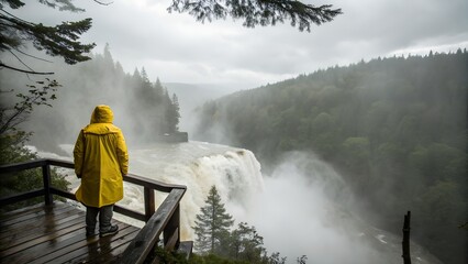 Person in yellow raincoat standing on wooden platform overlooking powerful misty waterfall in lush green forest
