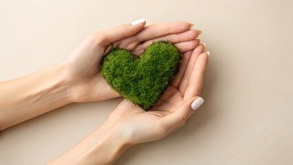 Gentle hands cradle a vibrant green heart shape made of moss symbolizing environmental care and nature s love