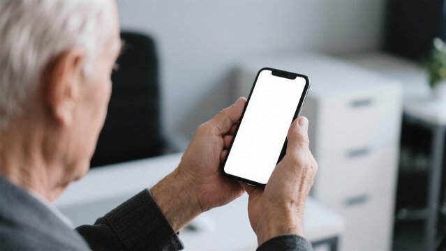 Senior Man Using Smartphone with Blank Screen Mockup in Office Setting