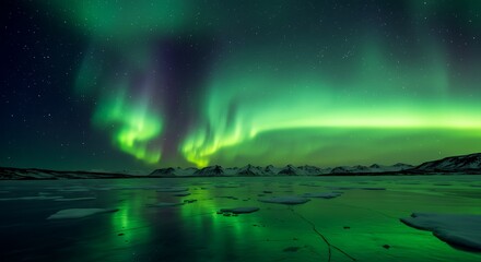 Spectacular display of the aurora borealis illuminating the night sky over a frozen lake.