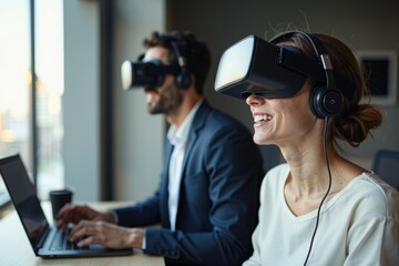 Young businessman engages in virtual reality meeting with colleague, close-up shot