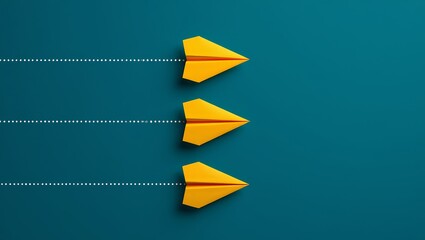Three Yellow Paper Airplanes in Flight, Teal Background