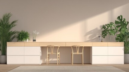 Modern, light-filled workspace with a wooden desk and chairs.