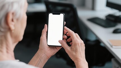 Senior Woman Using Smartphone Blank Screen Modern Office Technology Elderly Person Mobile Phone App Interface