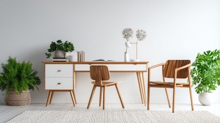 A minimalist, wooden desk and chair set in a bright room.