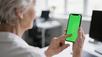 Senior Woman Using Smartphone with Green Screen Mockup in Modern Office Setting