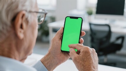 Senior Man Using Smartphone with Green Screen Mockup in Modern Office Setting