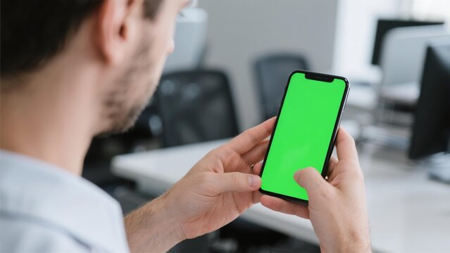 Man Using Smartphone with Green Screen Mockup in Modern Office Workspace - Stock Photo