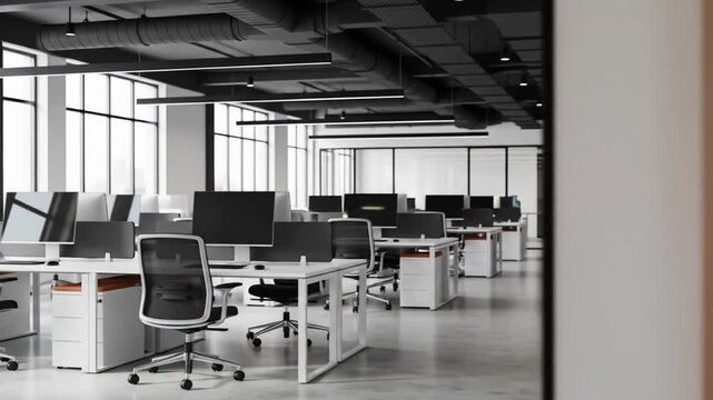 A modern and empty office space features rows of desks and chairs, ready for a productive workday