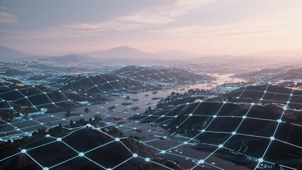 Stunning Aerial View of Futuristic Smart City Network Connected by Illuminated Grid Lines at Sunset