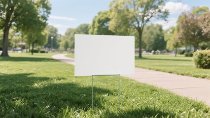 Blank White Yard Sign in Lush Green Park Setting Perfect for Mockups and Real Estate Advertising