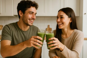 Happy couple enjoying healthy green smoothies in a modern kitchen, celebrating a healthy lifestyle with a cheerful toast
