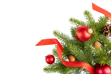 beautiful christmas decoration frame corner with fir tree twigs, red christmas balls, walnuts and ribbon band isolated on white or transparent png