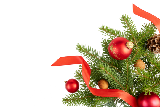 beautiful christmas decoration frame corner with fir tree twigs, red christmas balls, walnuts and ribbon band isolated on white or transparent png