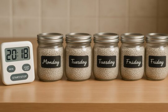 Five mason jars filled with chia pudding labeled for each weekday sit on a countertop beside a digital timer, emphasizing meal planning and preparation