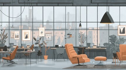 A rain-drenched urban office interior, featuring stylish furnishings and artwork.