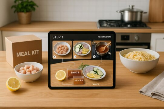 Tablet displaying a step by step meal kit guide, featuring ingredients like pasta, chicken, and spices on a kitchen countertop