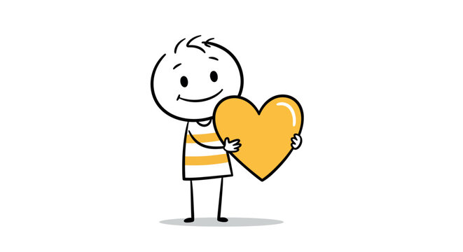 Adorable stick figure holding heart with yellow stripes on white background