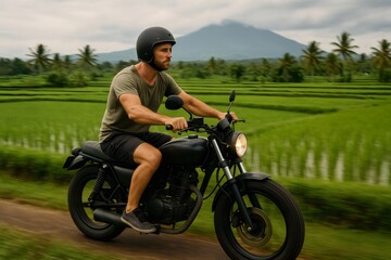 Adventurer rides a motorbike through lush green rice fields in Bali, with a majestic mountain in the background under a cloudy sky
