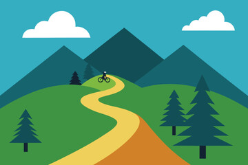Fototapeta premium Mountain Biking Adventure: Scenic Landscape Illustration of Cyclist on Winding Trail with Mountains, Trees, and Clouds in Flat Design Style