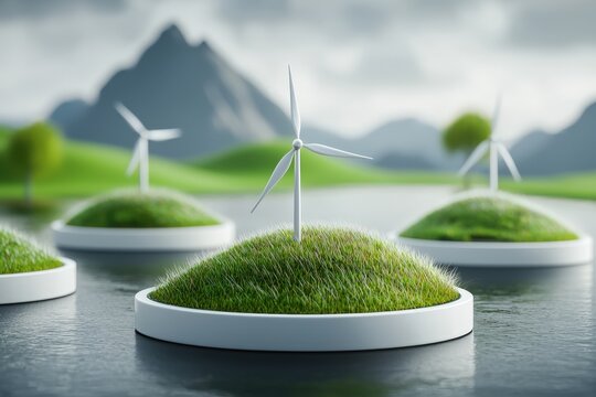 Miniature wind turbines on grassy discs floating on water with blurred mountains and trees in the background under a cloudy sky. - Powered by Adobe