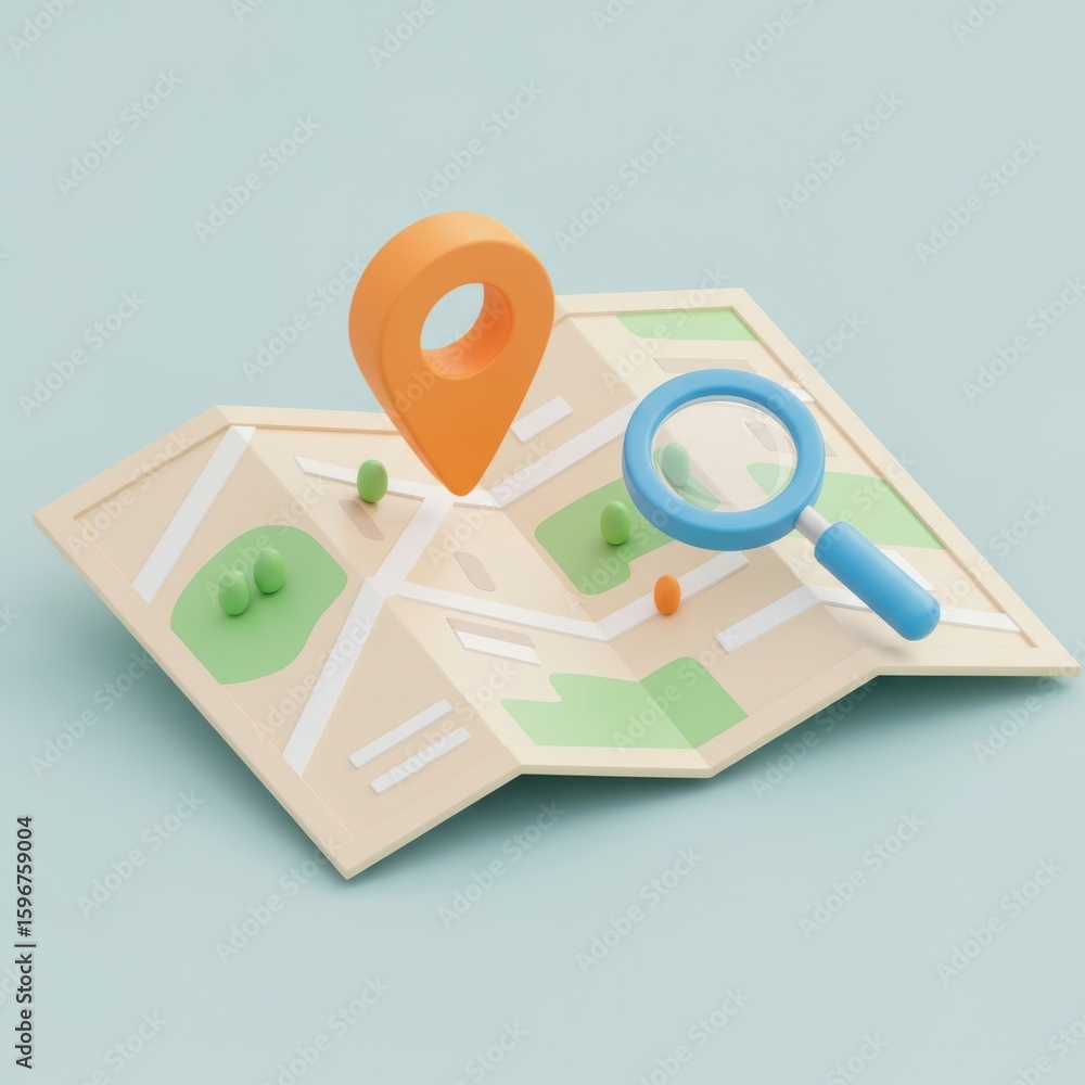 Fototapete 3d map navigation pin and magnifying glass isolated on white background