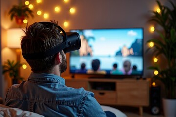 Man immersed in virtual reality while surrounded by lush greenery and twinkling fairy lights.